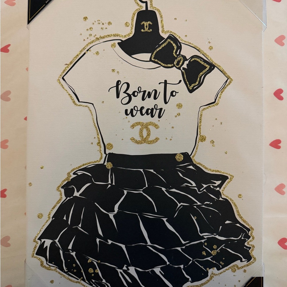 ART CANVAS WALL FRAME PRINT LUXURY BORN TO WEAR CC DRESS BOW WHITE GOLD BLACK